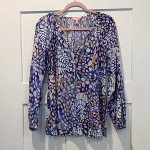 Lilly Pulitzer Willa top Navy Blue & Pink Printed V-Neck Tunic size medium